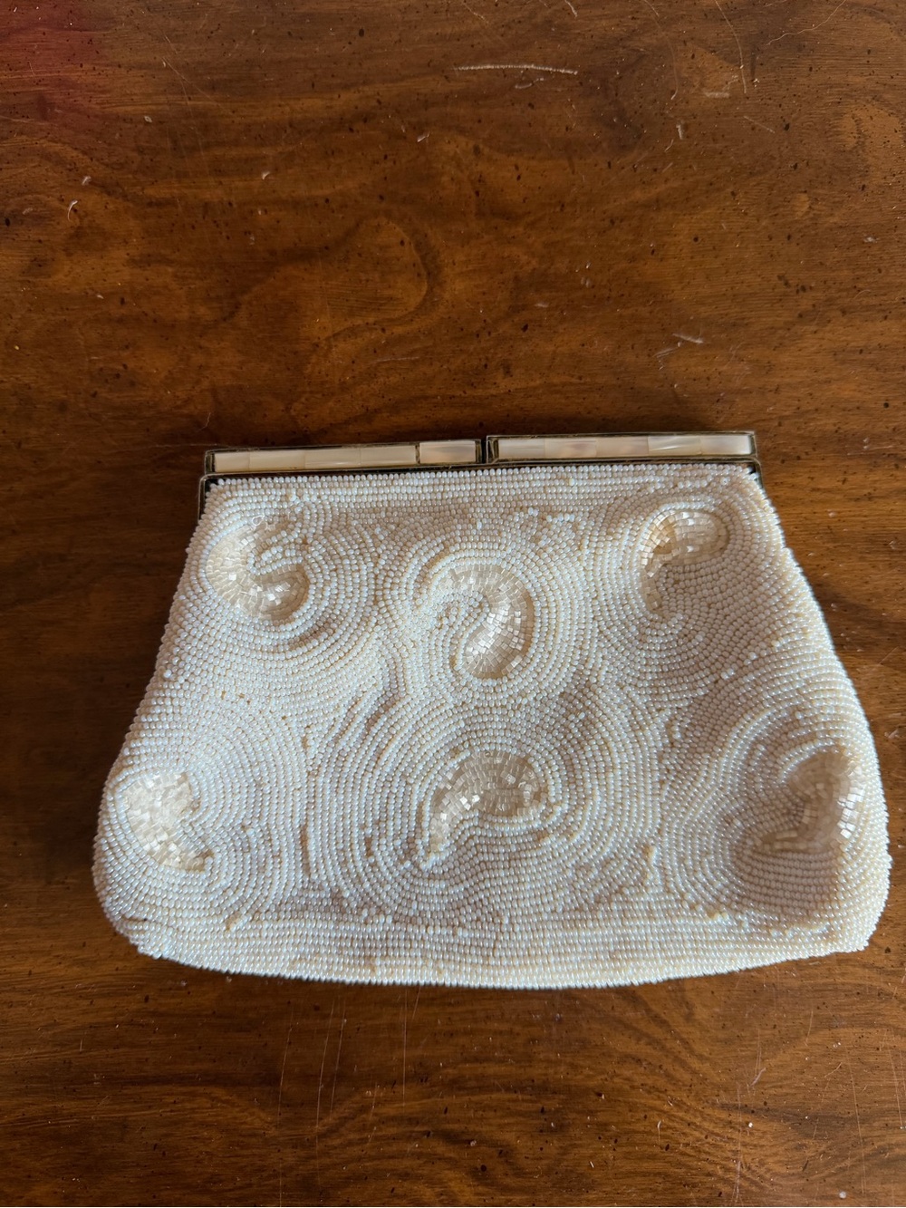 Vintage Ivory Beaded Evening Clutch with Swirl Detailing
